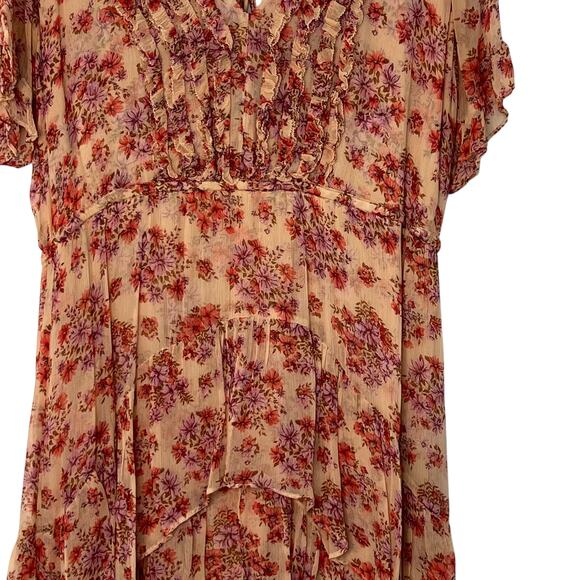 The Kooples Paris S Cottagecore Ruffle Midi Dress Tan Pink Floral Flowy Chiffon - Picture 15 of 16